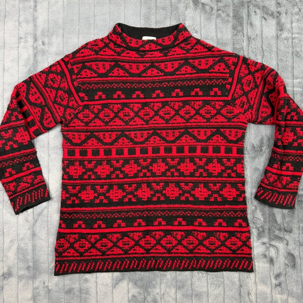 J. Jill Womens Red Black Fair Isle Geometric Mock Neck Sweater Size Medium